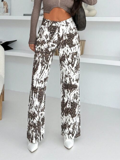 Pantalón vaquero de pierna ancha con estampado de leopardo de cintura baja 100% algodón