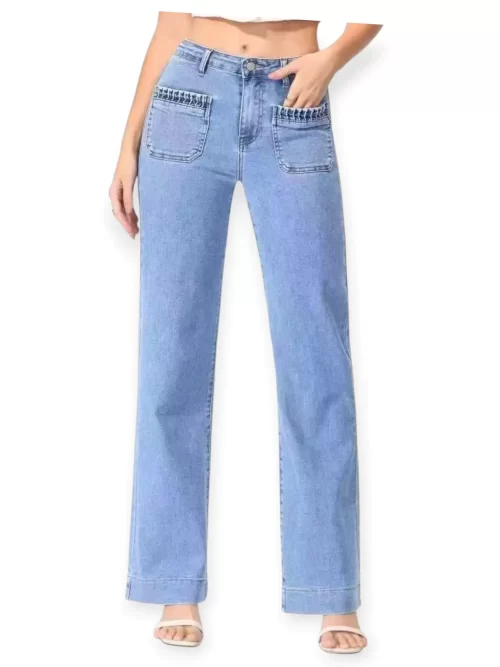 Vaqueros Wide Leg de Tiro Alto con Bolsillos Plastrón